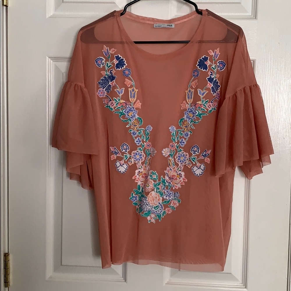 Zara pink sheer floral print top